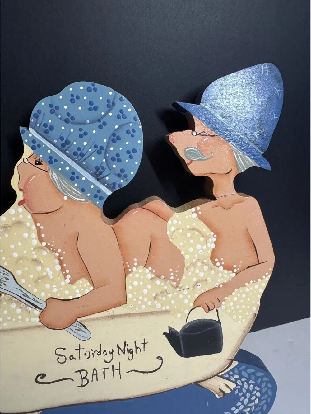 Vtg Sign Saturday Night Bath Old Couple In Tub Bathroom Decor Grandma Gpa Signed